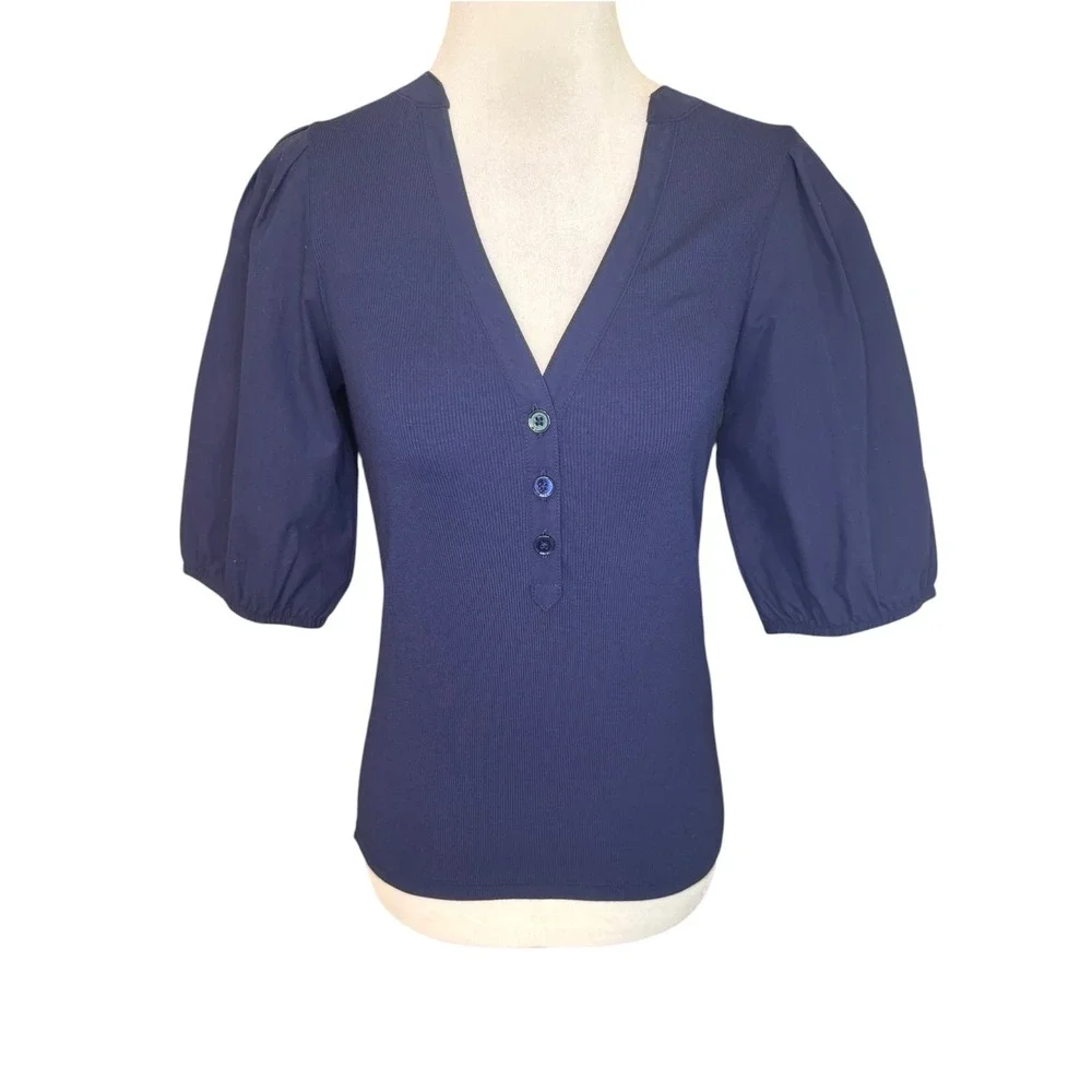 Madewell Midnight‎ Navy Blue Puff-Sleeve Henley Knit Top NW195 XS New